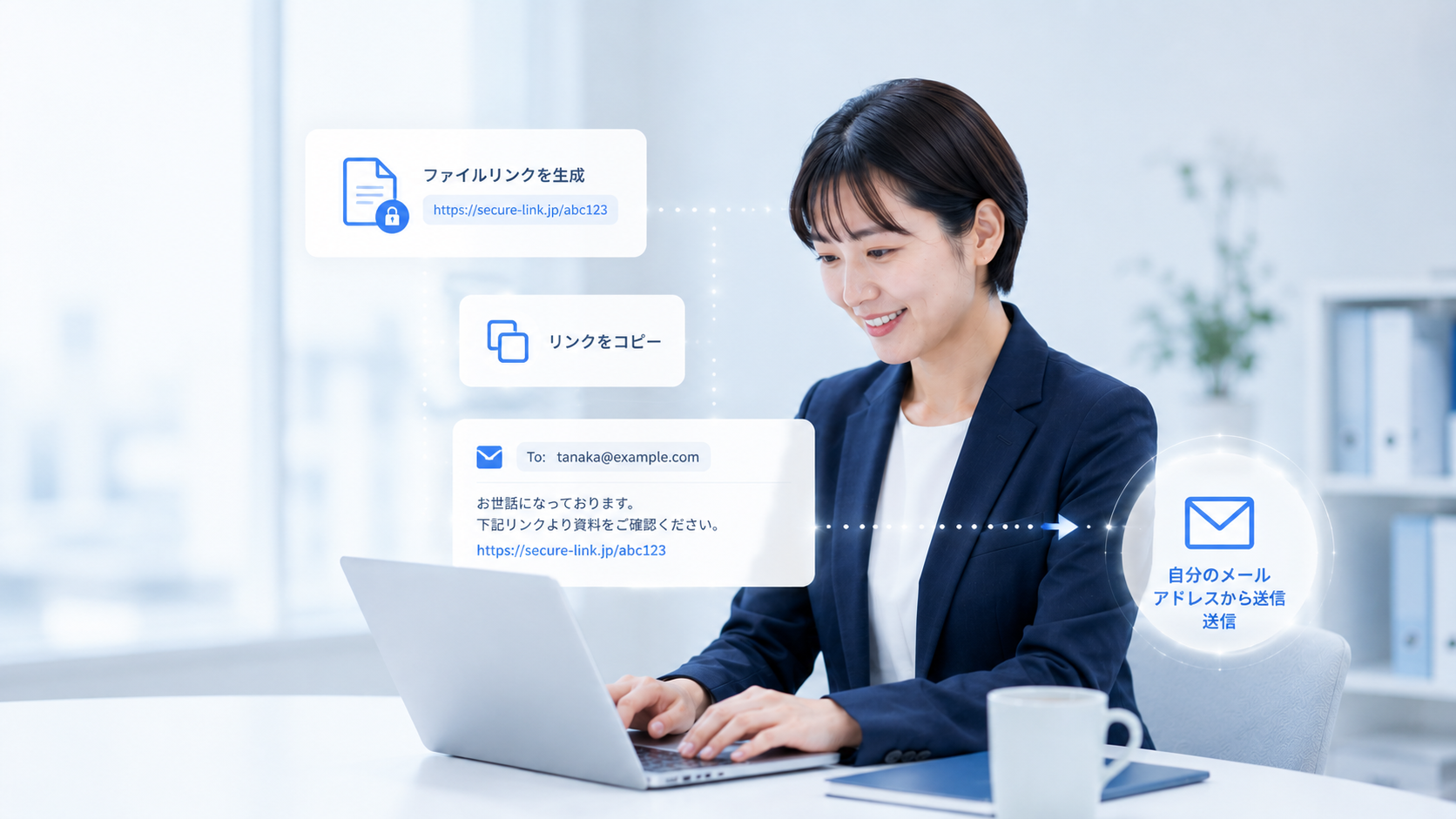 シスドラ便でファイルリンクを生成し自分のメールアドレスから送信する運用イメージ
